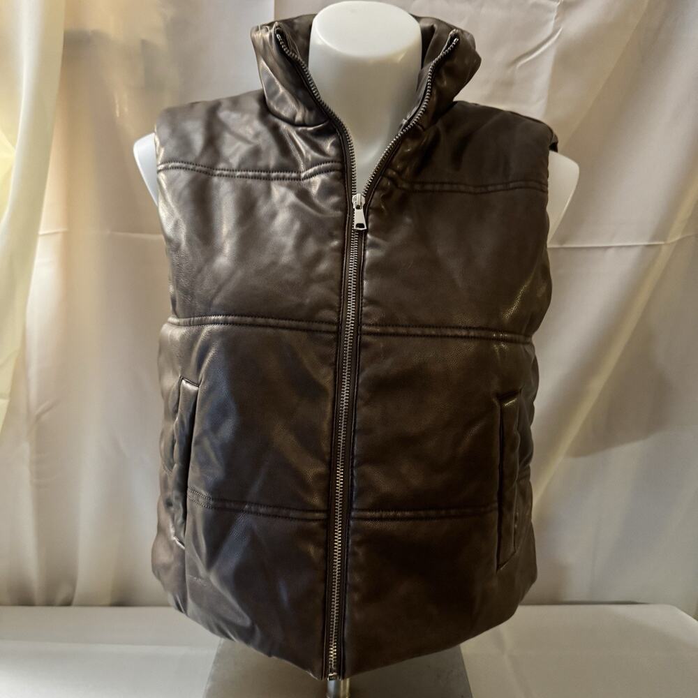 BECOOL Chocolate Brown Full Zip SOFT Faux Leather Puffer Vest Coat Large 0292